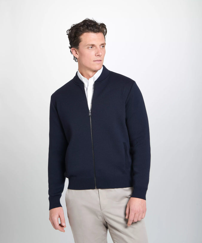 Navy Blue Knitted Merino Wool Zipped Bomber