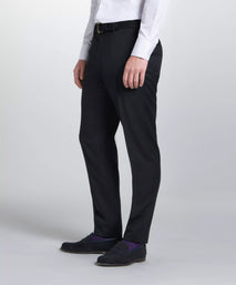 Black Unfinished Tailored Fit Plain Merino Wool Flat Front Trouser