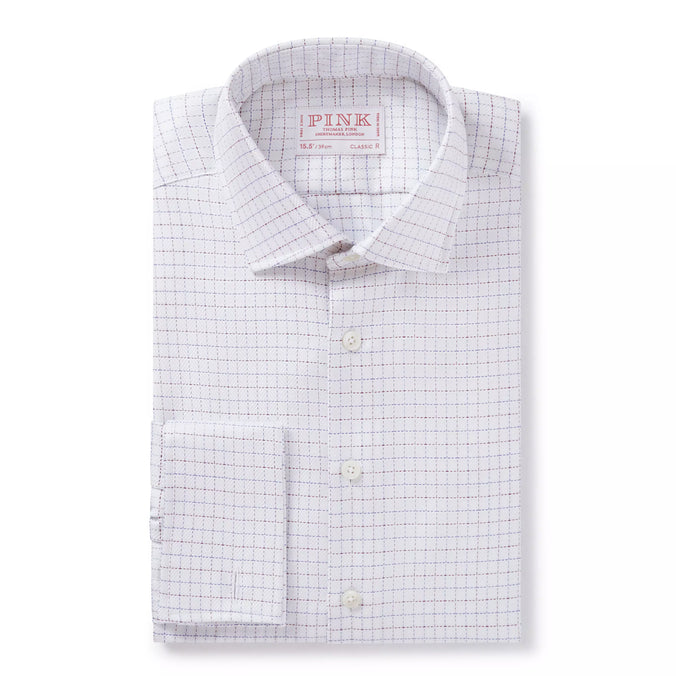 White & Multi Classic Fit Double Cuff Herringbone Check Formal Shirt