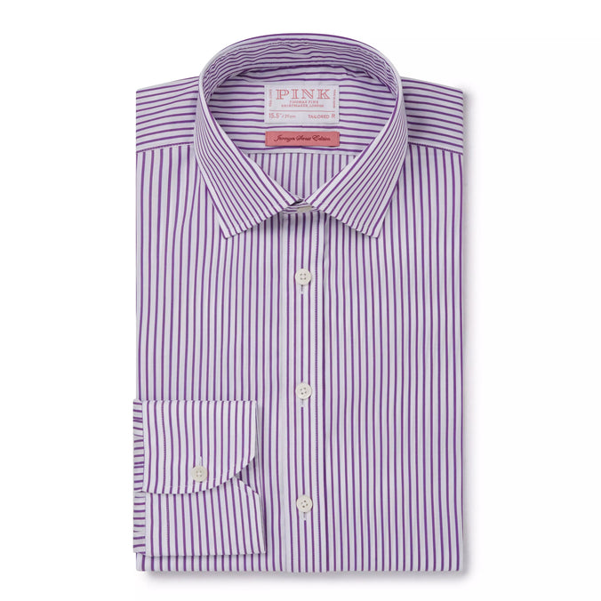 Purple & White Tailored Fit Piumino Twill Stripe Formal Shirt
