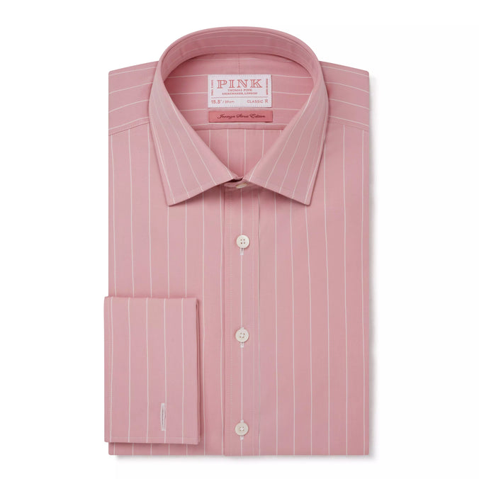 Pink & White Classic Fit Double Cuff Downing Pin Stripe Formal Shirt
