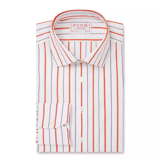 White & Orange Slim Fit Wide Set Stripe Formal Shirt