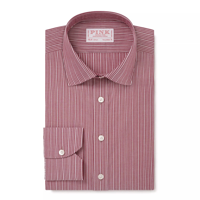 Deep Red & White Tailored Fit Thick Thin Needle Stripe Formal Shirt