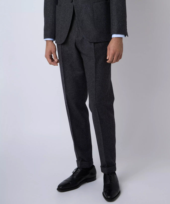 Charcoal Grey Tailored Fit Melange Merino Wool Pleated Trousers